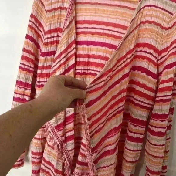 Chico's Knit Sweater Cardigan Open Front Waterfall Fringe Edge Chico's Size 2 - Picture 5 of 13